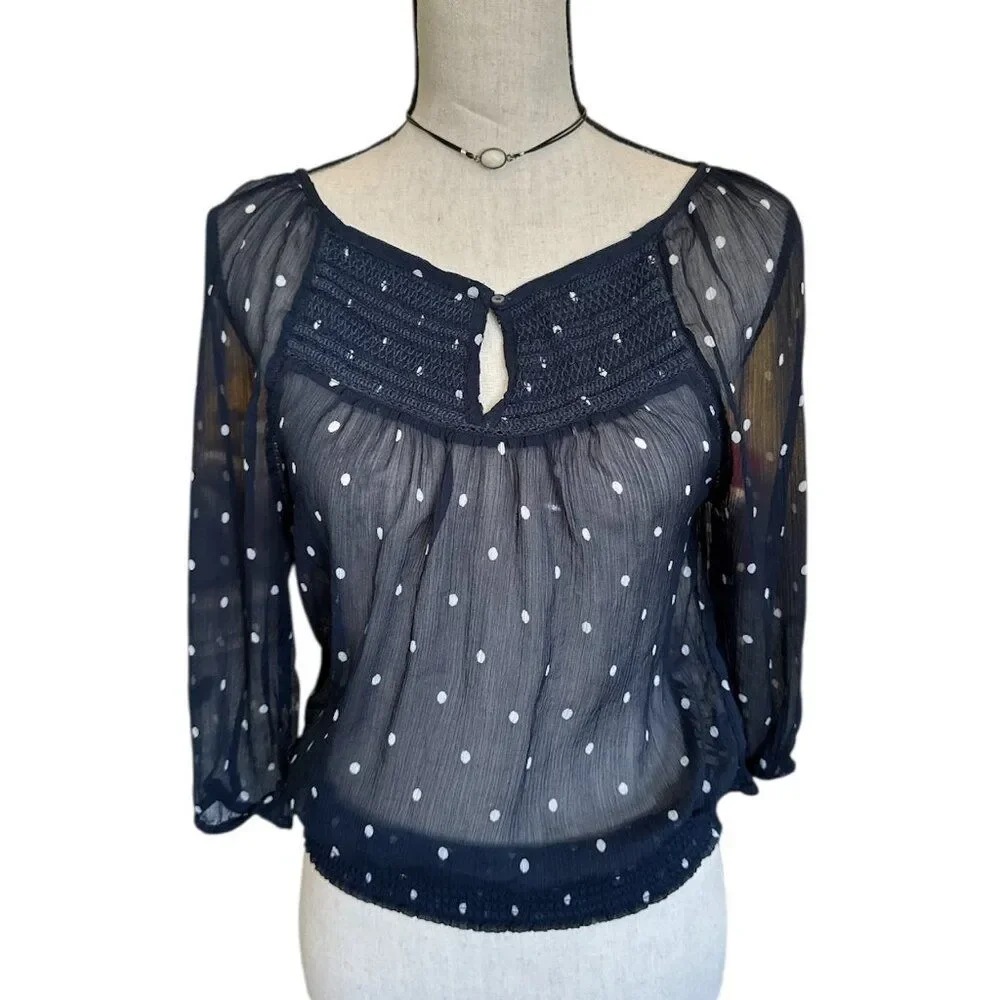 Abercrombie & Fitch Sheer Polka Dot Blouse Small Navy Boho Peasant Puff Sleeve
